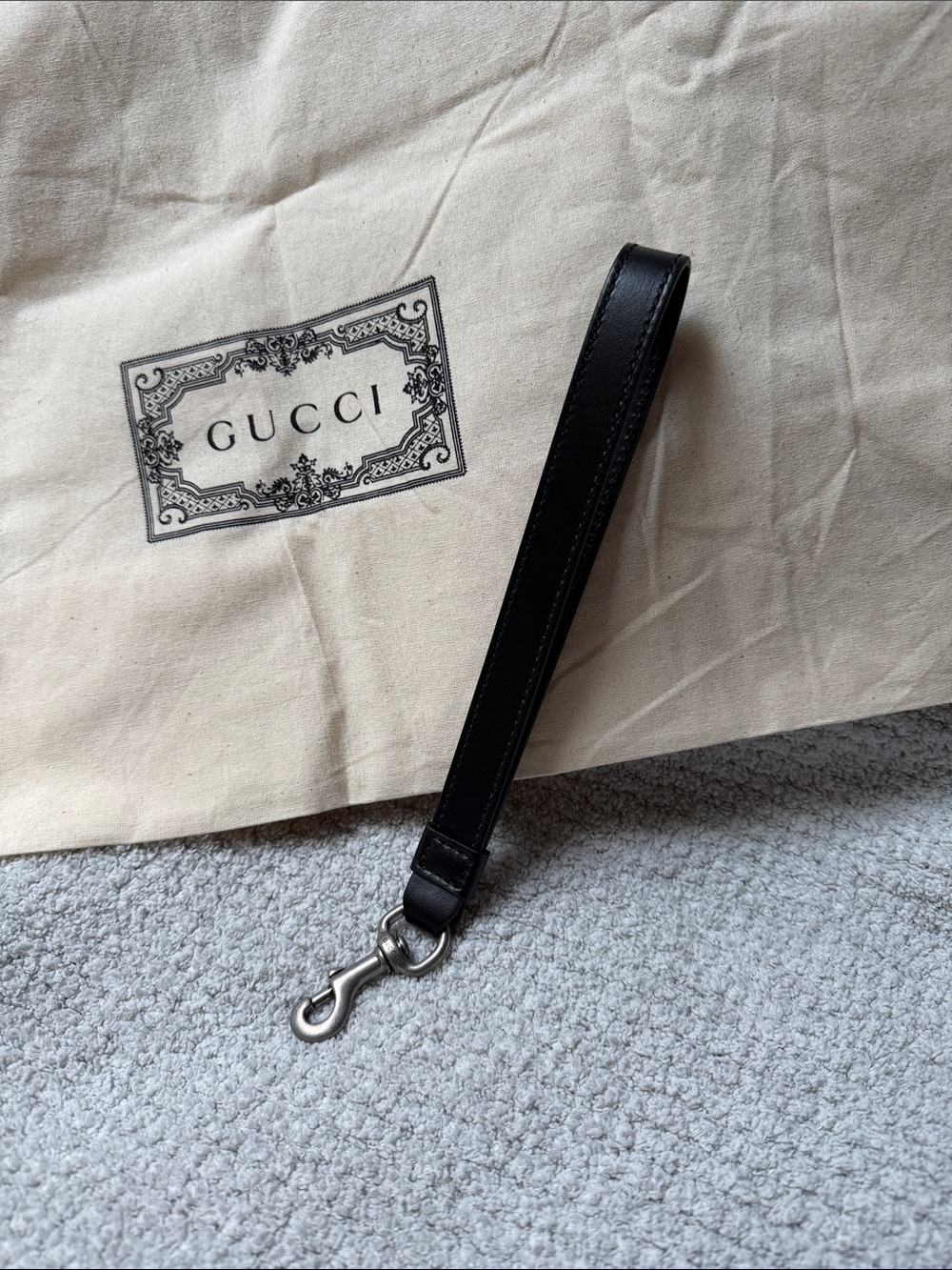 Gucci Black Leather Wrist Strap with Silver-Tone Clip